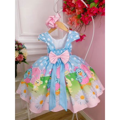 Vestido Infantil Galinha Pintadinha Azul C/ Cinto Pérolas