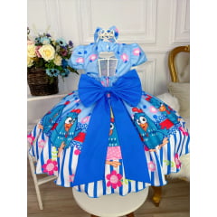 Vestido Infantil Florido Azul C/ Laço Bolinhas