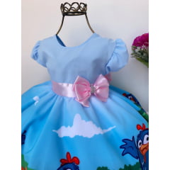 Vestido Infantil Galinha Printadinha Azul Laço Rosa
