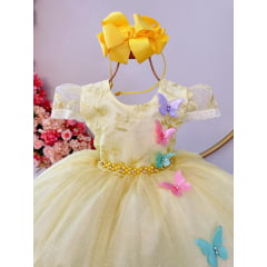 Vestido Infantil Jardim Encantado Amarelo Aplique Borboletas