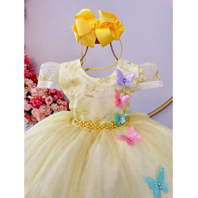 Vestido Infantil Jardim Encantado Amarelo Aplique Borboletas
