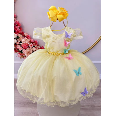 Vestido Infantil Jardim Encantado Amarelo Aplique Borboletas