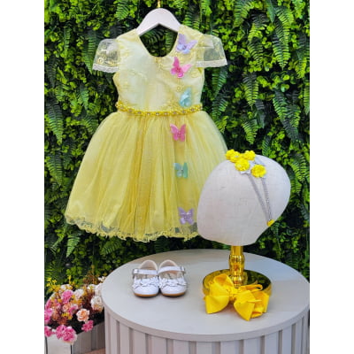 Vestido Infantil Jardim Encantado Amarelo Aplique Borboletas
