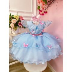 Vestido Infantil Jardim Encantado Azul C/ Aplique Borboletas