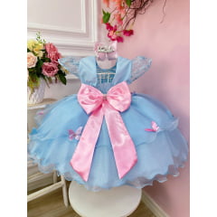 Vestido Infantil Jardim Encantado Azul C/ Aplique Borboletas