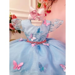 Vestido Infantil Jardim Encantado Azul C/ Aplique Borboletas