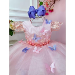 Vestido Infantil Jardim Encantado Rosa C/ Aplique Borboletas