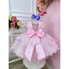 Vestido Infantil Jardim Encantado Rosa C/ Aplique Borboletas