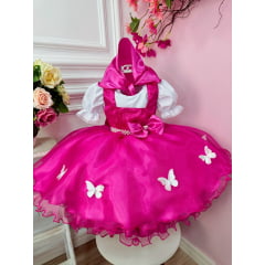 Vestido Infantil Jardineira Borboletas Pink Com Lenço Festas