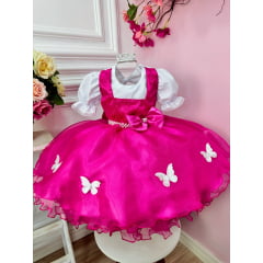 Vestido Infantil Jardineira Borboletas Pink Com Lenço Festas