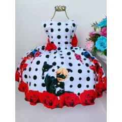 Vestido Infantil Lady Bug Branco e Preto Floral Vermelho