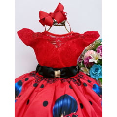 Vestido Infantil Lady Bug Vermelho e Preto Floral Renda Luxo