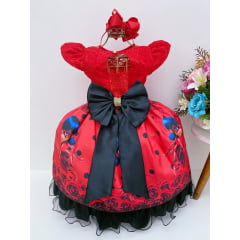Vestido Infantil Lady Bug Vermelho e Preto Floral Renda Luxo