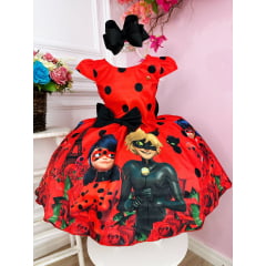 Vestido Infantil LadyBug e Amigos Vermelho Com Broche