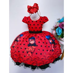 Vestido Infantil Ladybug Vermelho C/ Preto Cinto de Pérolas