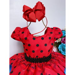 Vestido Infantil Ladybug Vermelho C/ Preto Cinto de Pérolas