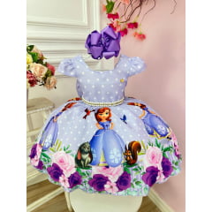 Vestido Infantil Lilás Bolinhas Princesa Sofia Cinto Pérolas