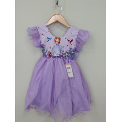 Vestido Infantil Lilás da Princesa Sofia Saia C/ Glitter e Led Festas