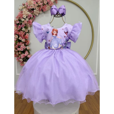 Vestido Infantil Lilás da Princesa Sofia Saia C/ Glitter e Led Festas