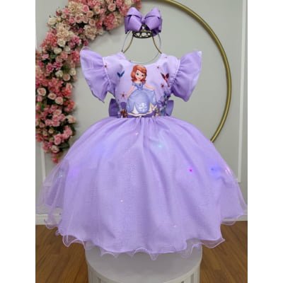 Vestido Infantil Lilás da Princesa Sofia Saia C/ Glitter e Led Festas