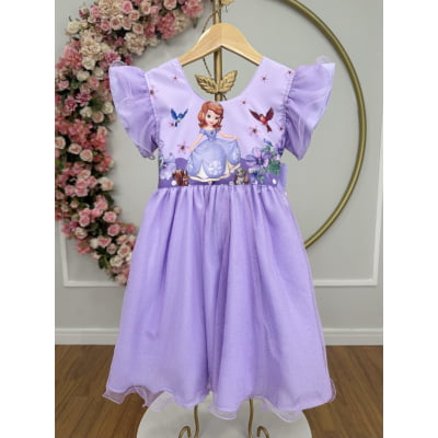 Vestido Infantil Lilás da Princesa Sofia Saia C/ Glitter e Led Festas