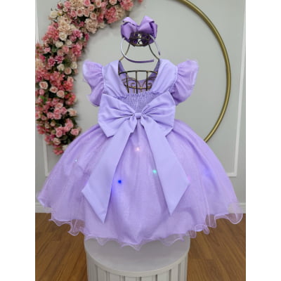 Vestido Infantil Lilás da Princesa Sofia Saia C/ Glitter e Led Festas