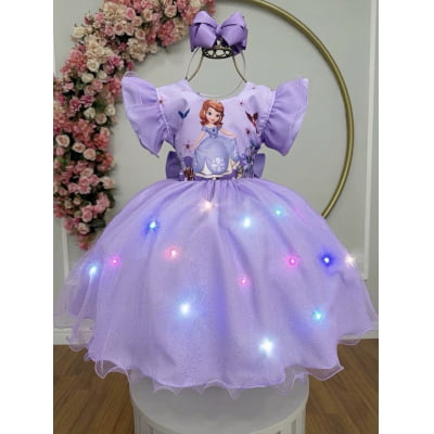 Vestido Infantil Lilás da Princesa Sofia Saia C/ Glitter e Led Festas