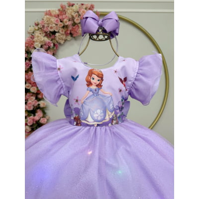 Vestido Infantil Lilás da Princesa Sofia Saia C/ Glitter e Led Festas