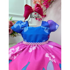 Vestido Infantil Lilo e Stitch Azul C/ Pérolas Luxo Festas