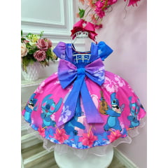 Vestido Infantil Lilo e Stitch Azul C/ Pérolas Luxo Festas