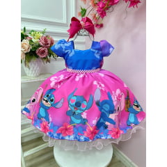 Vestido Infantil Lilo e Stitch Azul C/ Pérolas Luxo Festas
