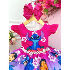 Vestido Infantil Lilo e Stitch C/ Amigos Pink Cinto Perolas
