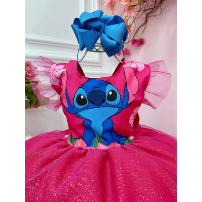 Vestido Infantil Lilo e Stitch Pink Com Glitter Festas