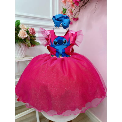 Vestido Infantil Lilo e Stitch Pink Com Glitter Festas