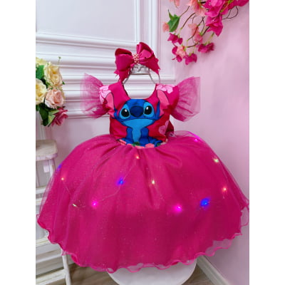 Vestido Infantil Lilo e Stitch Pink Saia C/ Leds Glitter