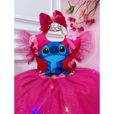Vestido Infantil Lilo e Stitch Pink Saia C/ Leds Glitter
