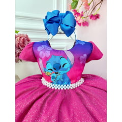 Vestido Infantil Lilo Stitch Pink e Azul Com Glitter Festas