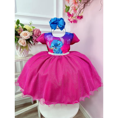 Vestido Infantil Lilo Stitch Pink e Azul Com Glitter Festas