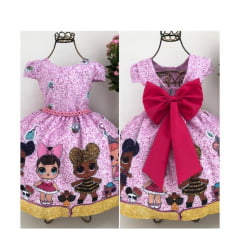 Vestido Infantil LOL Gliter Pink Lalço e Cinto de Pérolas