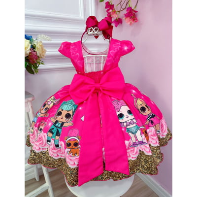 Vestido Infantil Lol Pink Florido C/ Broches de Laçinhos