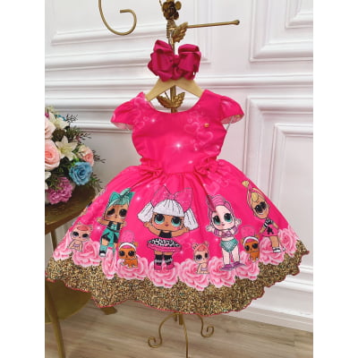 Vestido Infantil Lol Pink Florido C/ Broches de Laçinhos