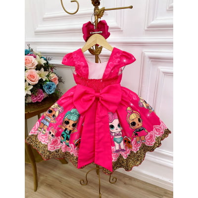Vestido Infantil Lol Pink Florido C/ Broches de Laçinhos