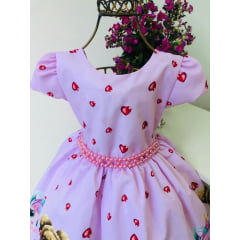 Vestido Infantil LOL Rosa Corações Vermelhos Flores Luxo