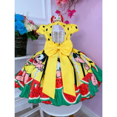 Vestido Infantil Magali Amarelo C/ Cinto de Pérolas e Laço