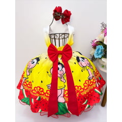 Vestido Infantil Magali Amarelo C/ Vermelho Cinto Pérolas