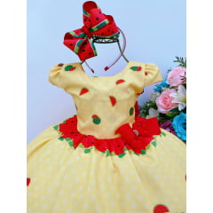 Vestido Infantil Magali Amarelo Melancia Laço Vermelho Luxo