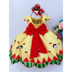 Vestido Infantil Magali Amarelo Melancia Laço Vermelho Luxo