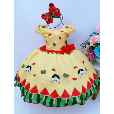 Vestido Infantil Magali Amarelo Melancia Laço Vermelho Luxo