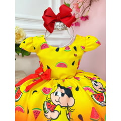 Vestido Infantil Amarelo e Vermelho C/ Aplique de Laço Festas