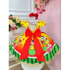 Vestido Infantil Amarelo e Vermelho C/ Aplique de Laço Festas